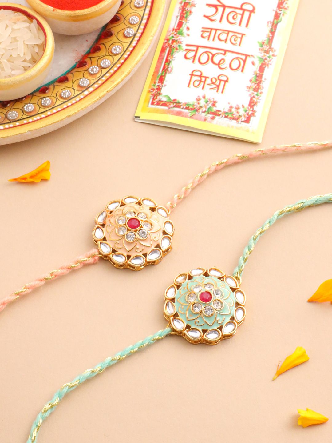 NVR Unisex Set of 2 Kundan Studded Round Floral Rakhi with Roli Chawal Chandan Mishri