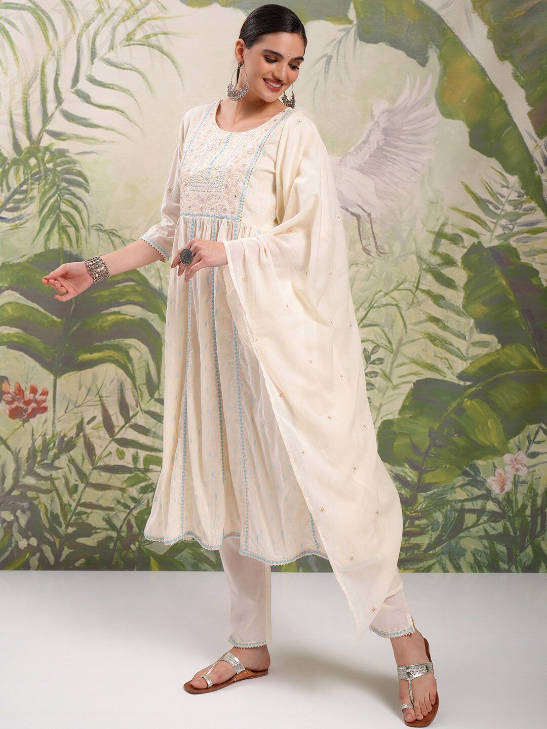 Vishudh Cream Coloured Embroidered Pure Cotton Anarkali Kurta With Trousers & Dupatta