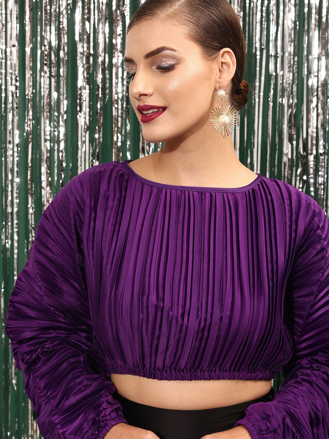 STREET 9 Vertical Striped Puff Sleeves Crop Top