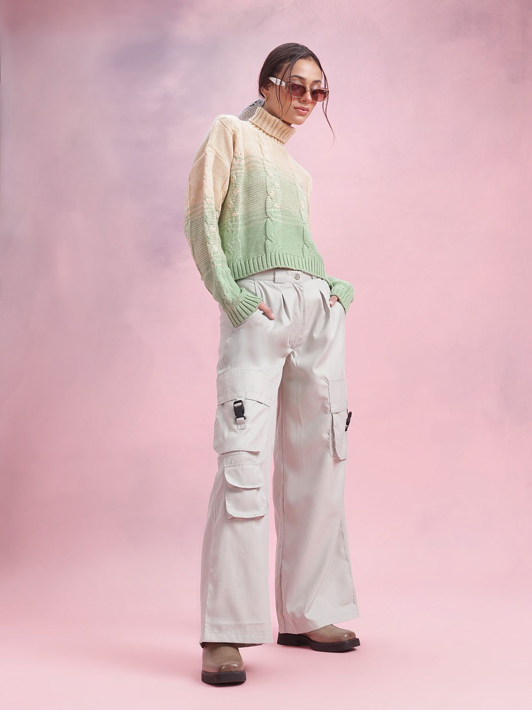 DressBerry Cable Knit Turtle Neck Ombre Effect Pullover