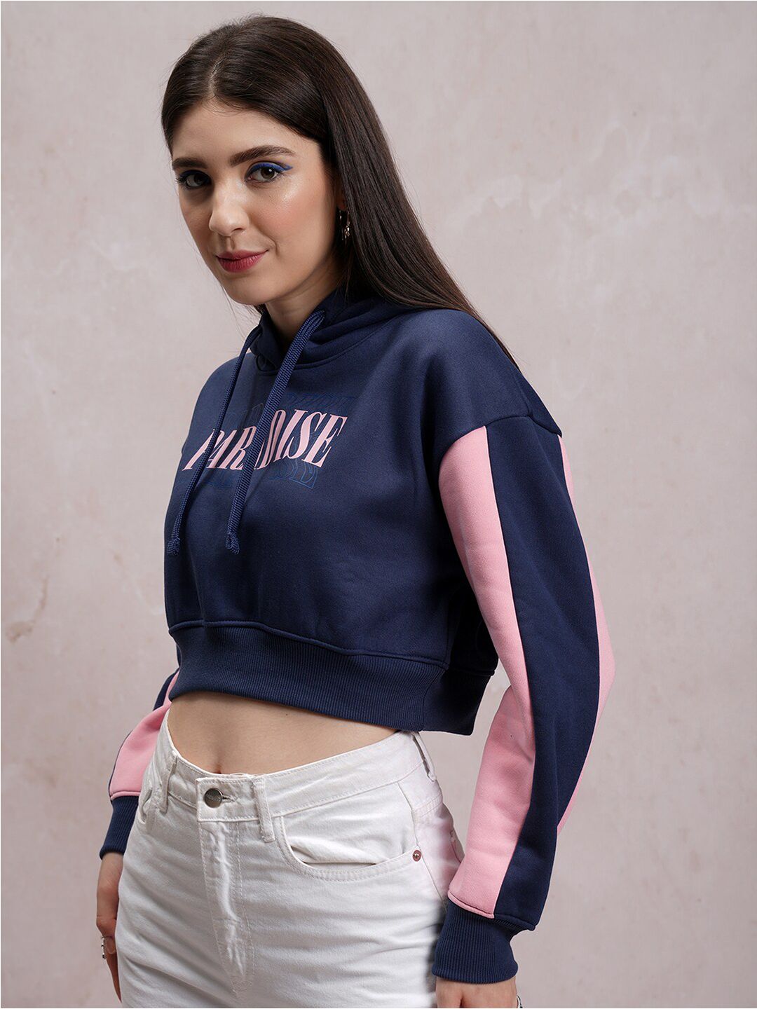 Tokyo Talkies Navy Blue Typography Printed Hooded Pullover