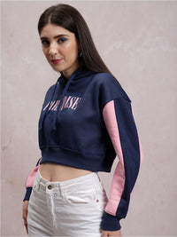 Tokyo Talkies Navy Blue Typography Printed Hooded Pullover