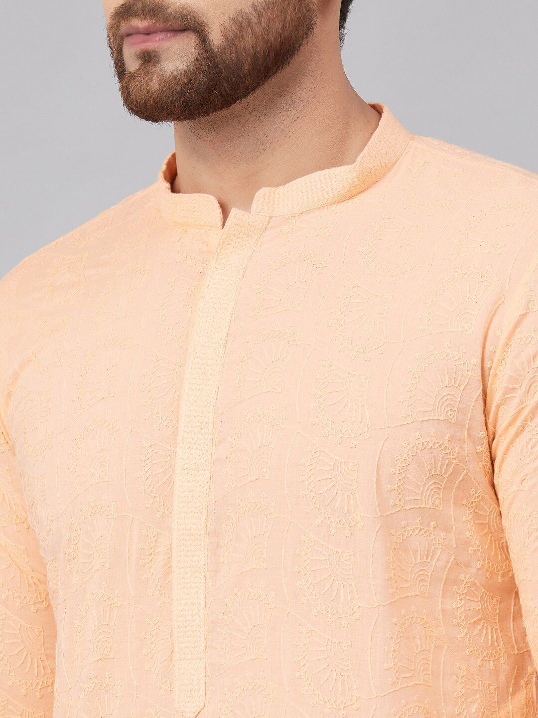 See Designs Men Peach-Coloured Thread Work Kurta