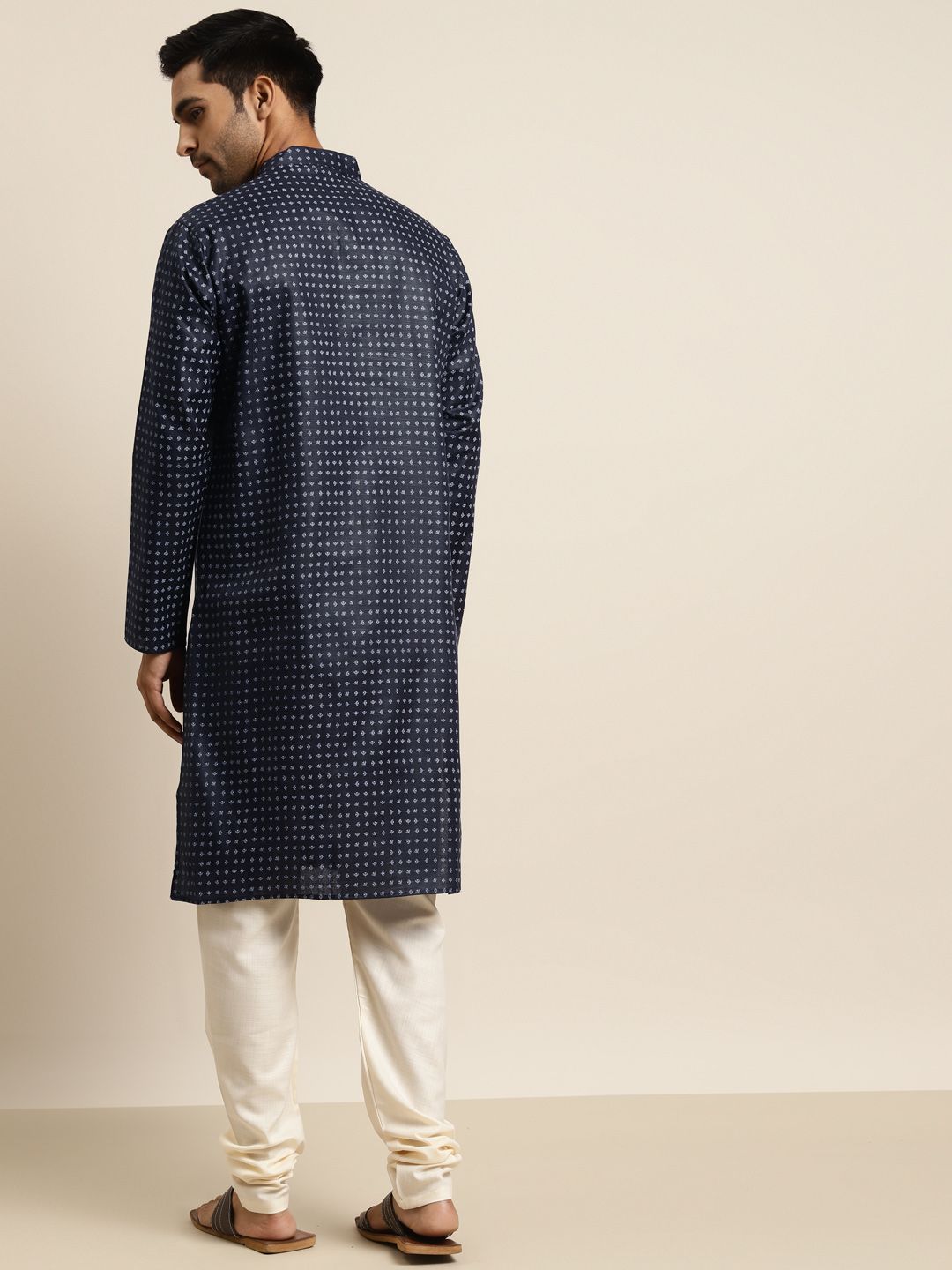 SOJANYA Lelaki Navy Blue & White Geometric Printed Kurta