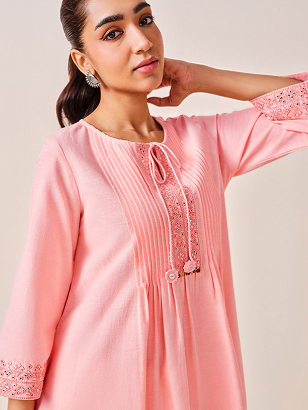 Global Desi Solid Embroidered Tunic