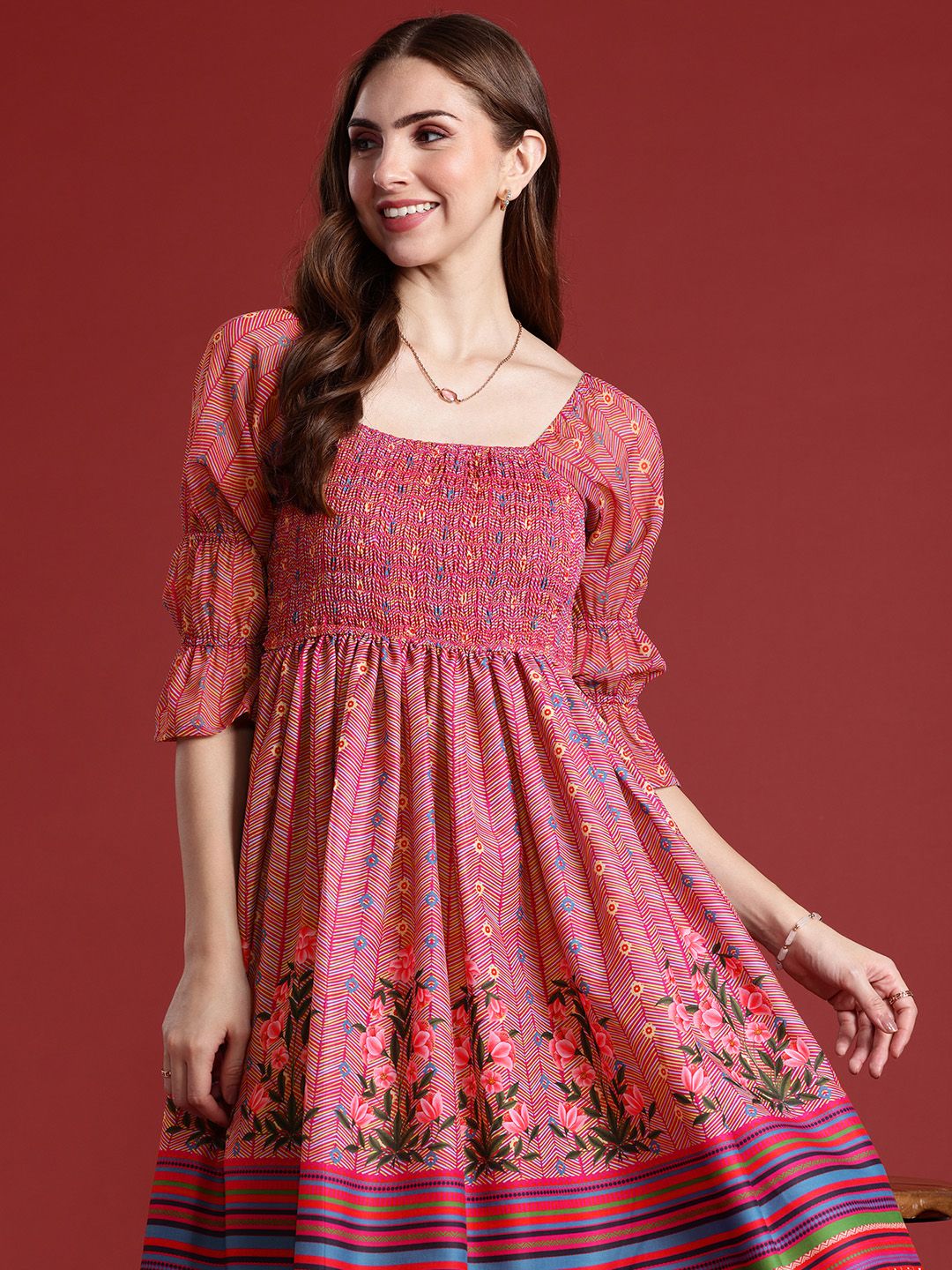 Anouk Floral Printed Fit & Flared Smocked Ethnic Dress