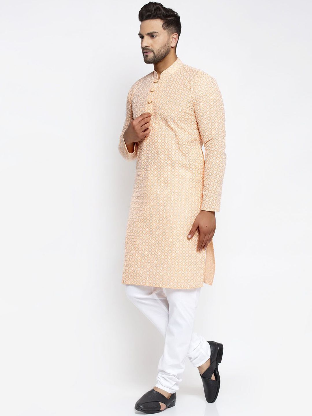 Jompers Men Orange Ethnic Motifs Embroidered Chikankari Pure Cotton Kurta with Pyjamas