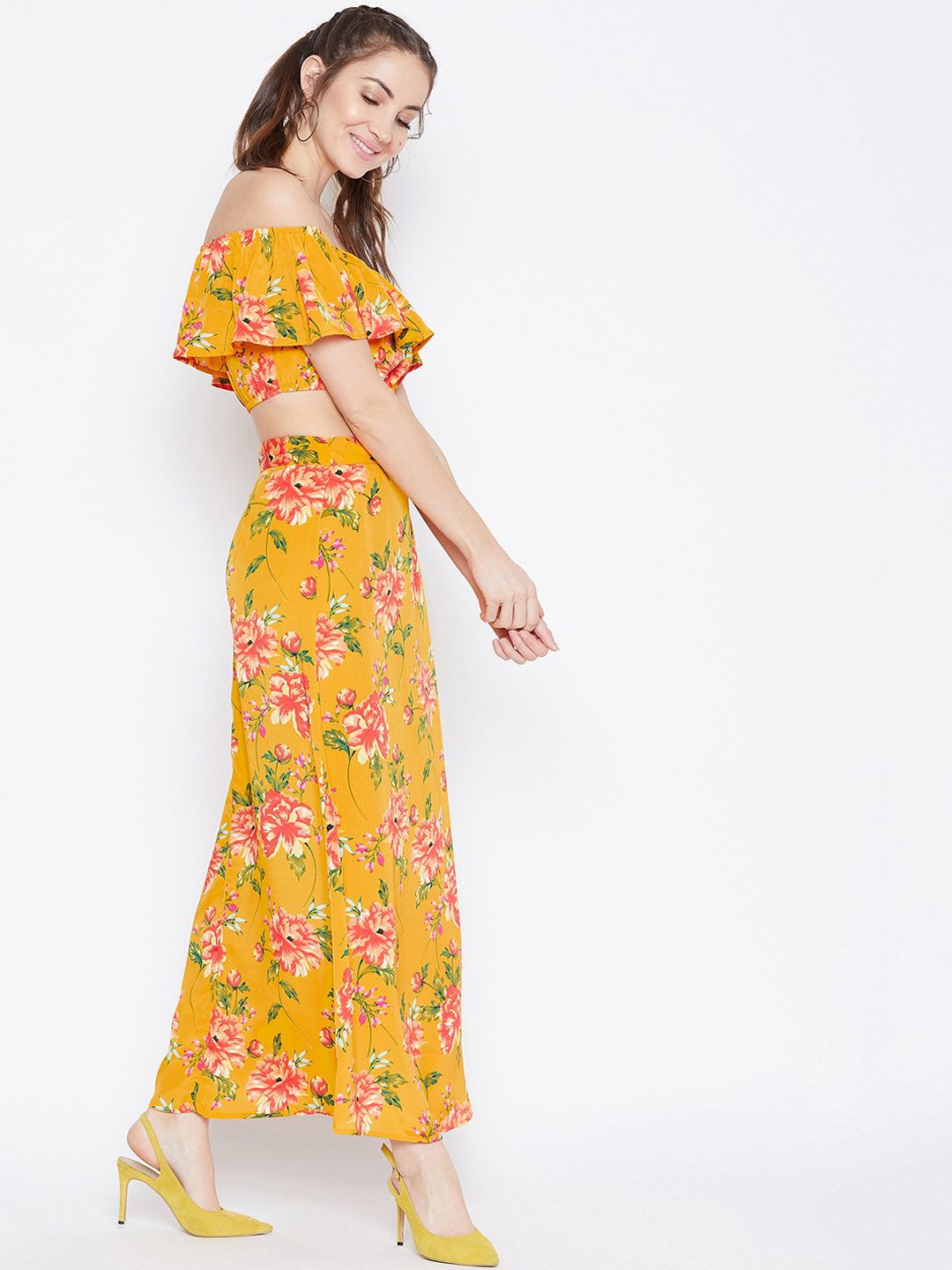 Berrylush Women Yellow & Red Floral Print Two-Piece Dress