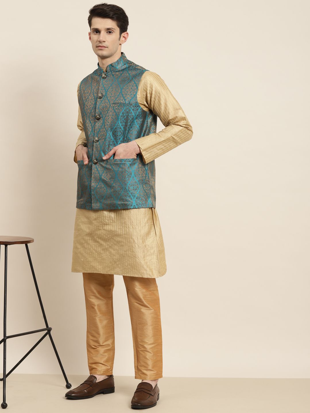 SOJANYA Men Golden & Teal Blue Kurta with Churidar & Nehru Jacket