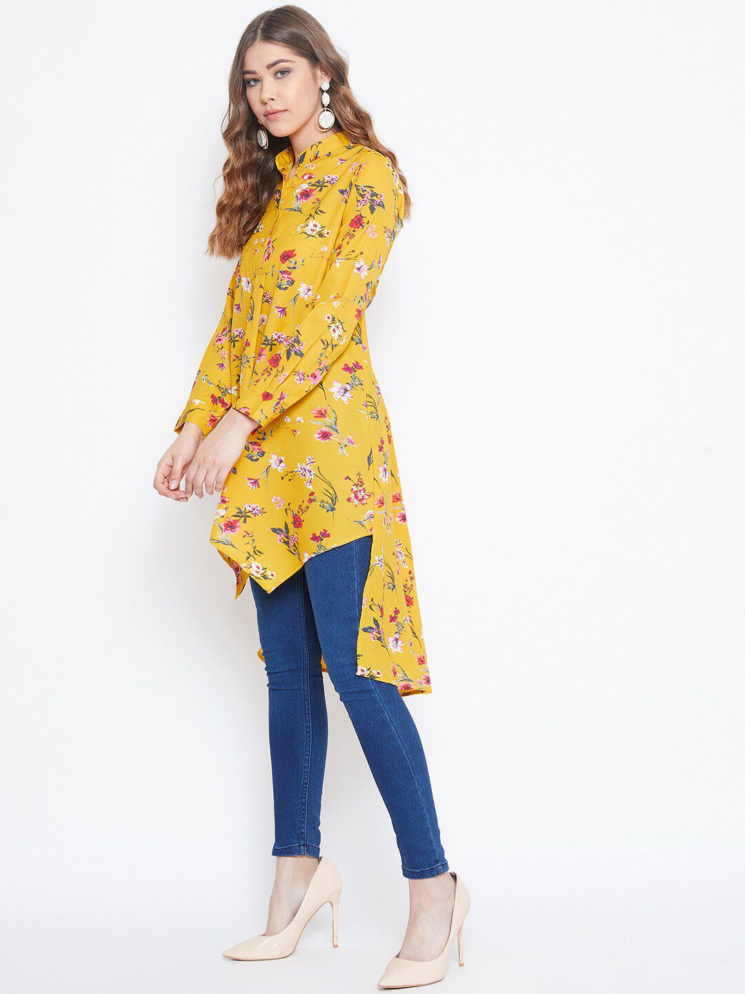 Berrylush Women Yellow Floral Printed Mandarin Collar Crepe Shirt Style Longline Top