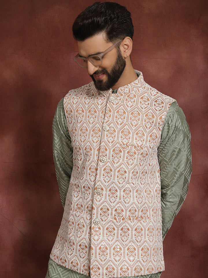 Anouk Geometric Embroidered Straight  Kurta with Churidar & Nehru Jacket