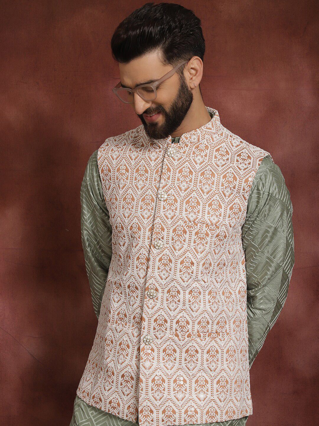 Anouk Geometric Embroidered Straight  Kurta with Churidar & Nehru Jacket