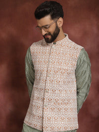 Anouk Geometric Embroidered Straight  Kurta with Churidar & Nehru Jacket