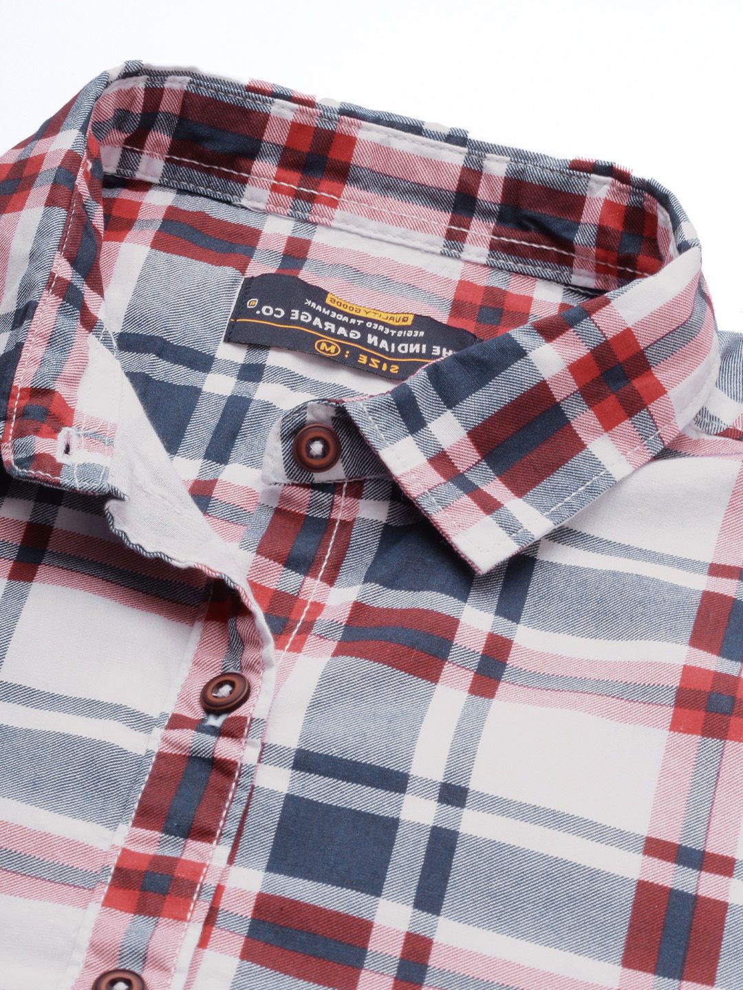 The Indian Garage Co Men White & Red Checked Pure Cotton Casual Shirt