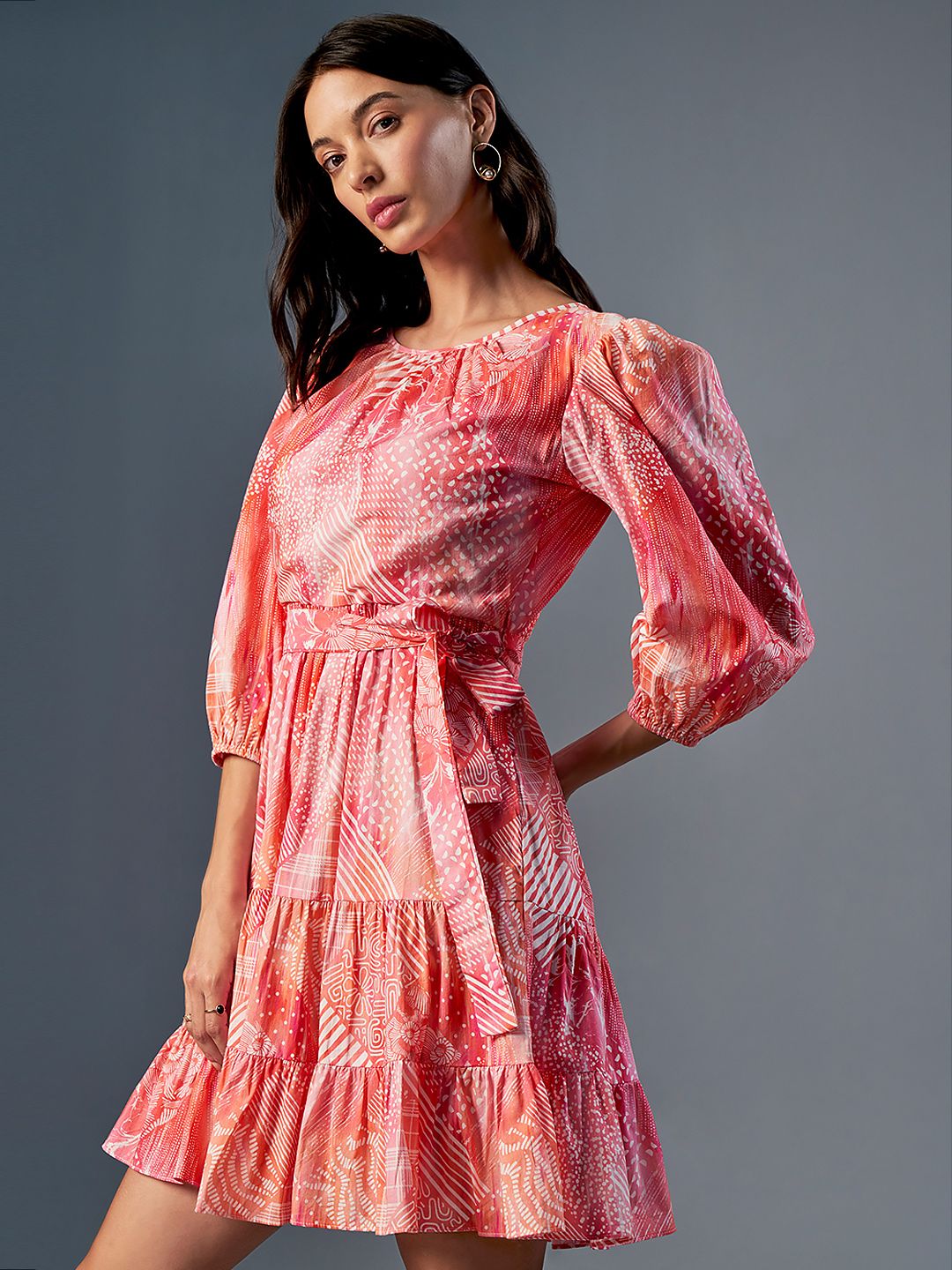 AND Floral Printed Round Neck Puff Sleeve Fit & Flare Dress