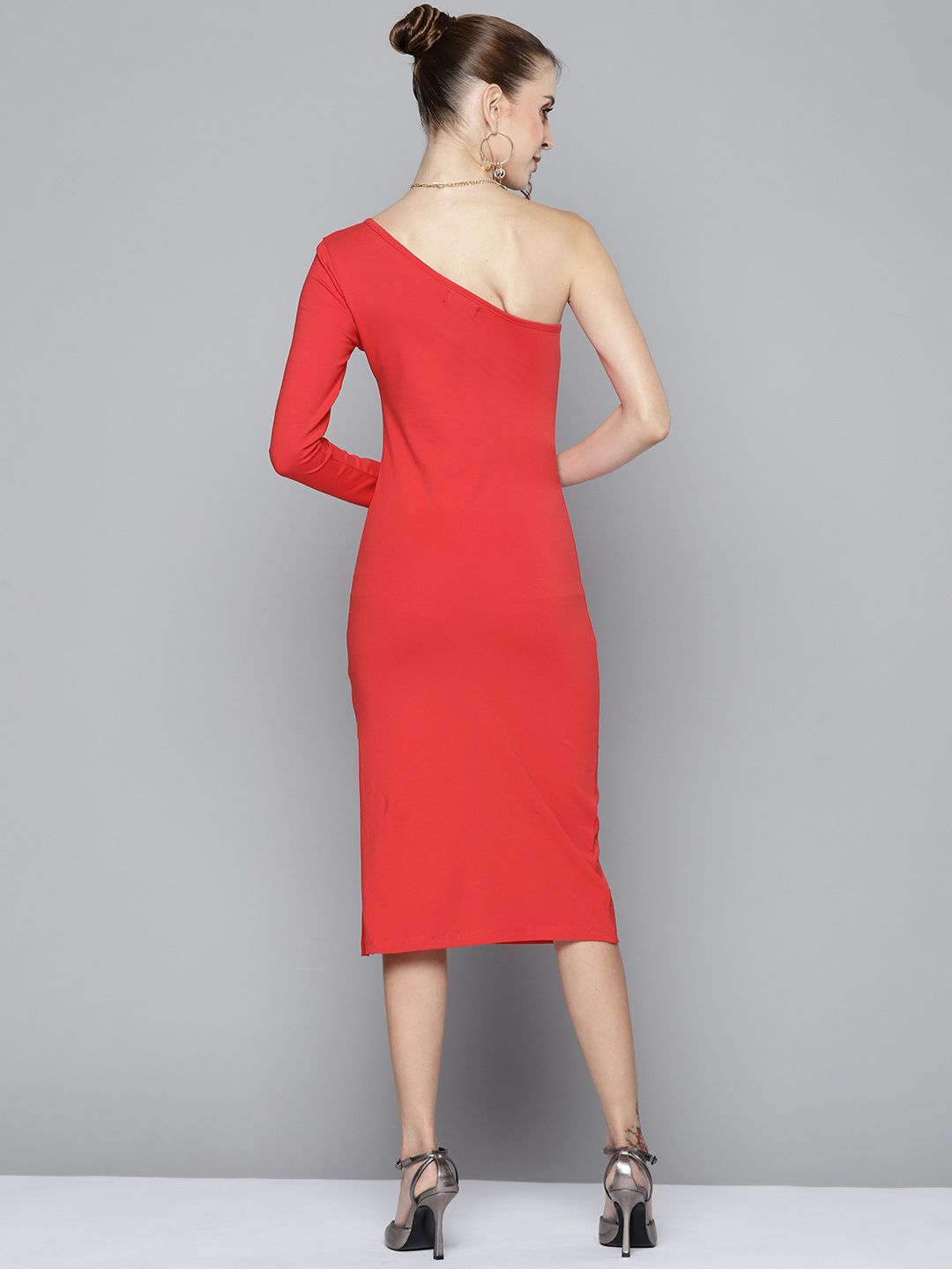 SASSAFRAS Women Red Solid One Shoulder Sheath Midi Dress