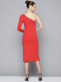 SASSAFRAS Women Red Solid One Shoulder Sheath Midi Dress