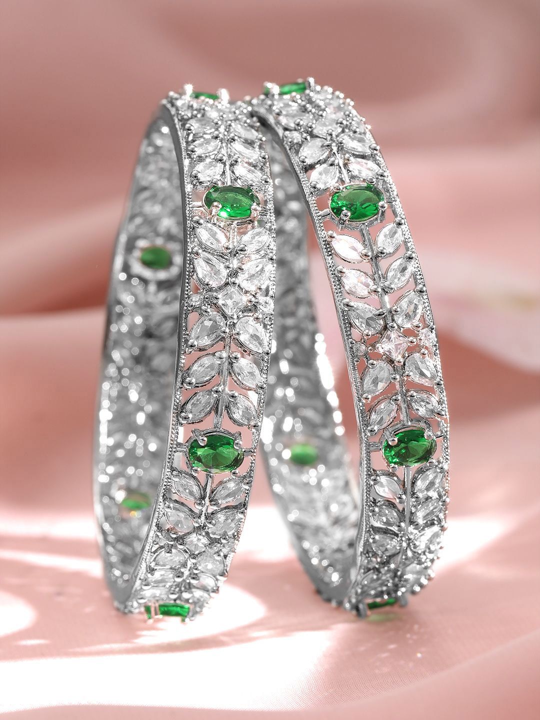 Rubans Set 2 Rhodium-Plated Emerald Green Gemstone & Cubic Zirconia Studded Bangles