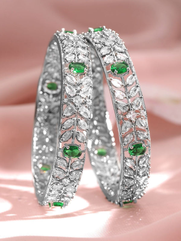 Rubans Set of 2 Rhodium-Plated Emerald Green Gemstone & Cubic Zirconia Studded Bangles