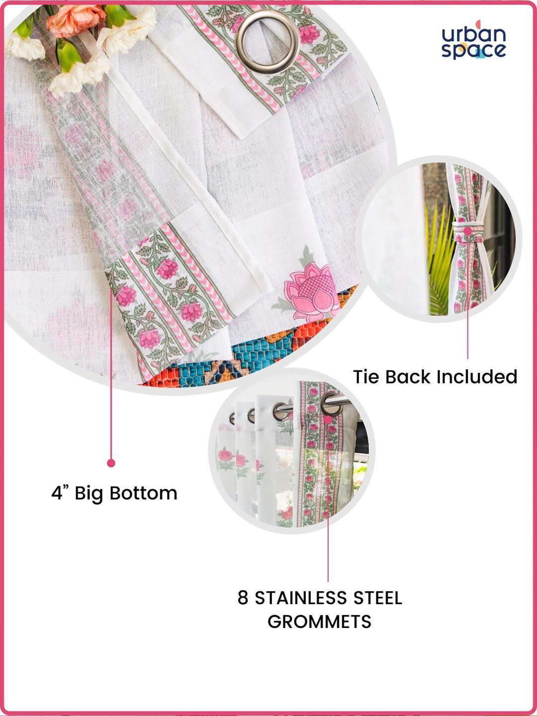 URBAN SPACE Pink & White 2 Pieces Floral Sheer Window Curtains
