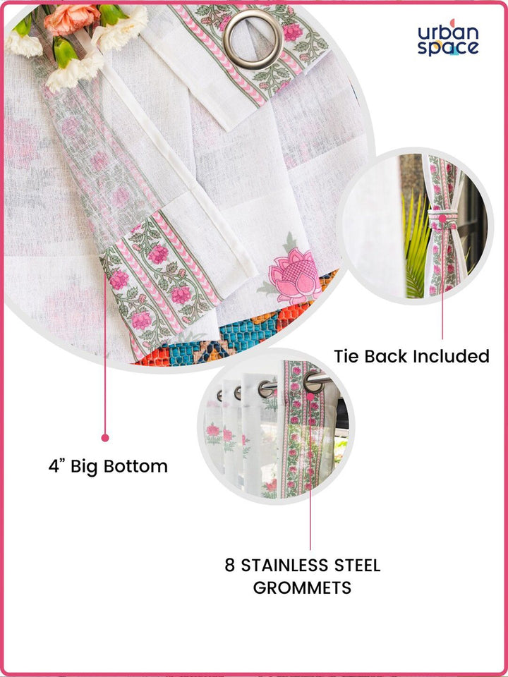 URBAN SPACE Pink & White 2 Pieces Floral Sheer Window Curtains