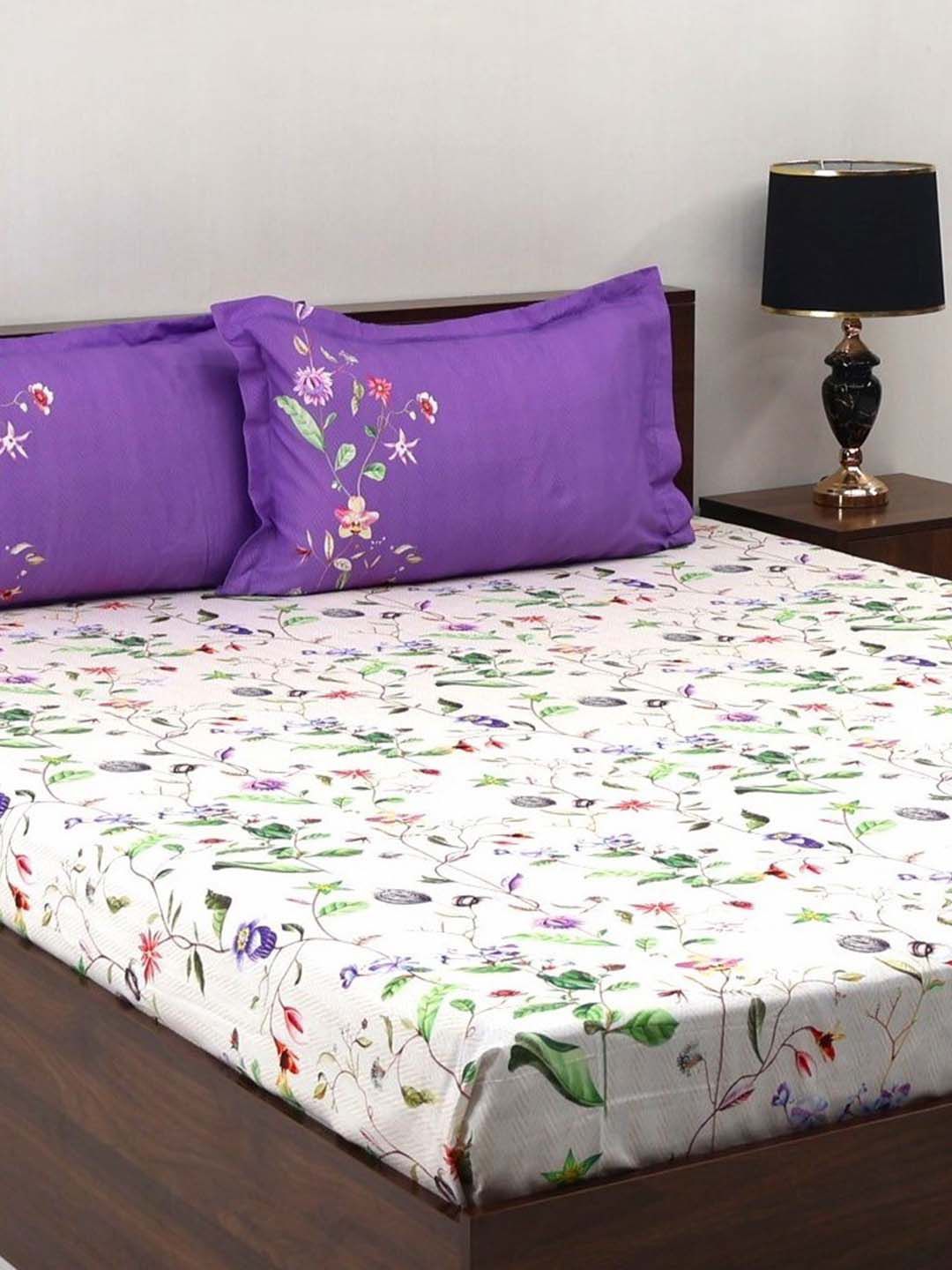 BOMBAY DYEING Blooming Muse Purple Floral Cotton 144 TC King Bedsheet Set 2.74 x 2.74 m