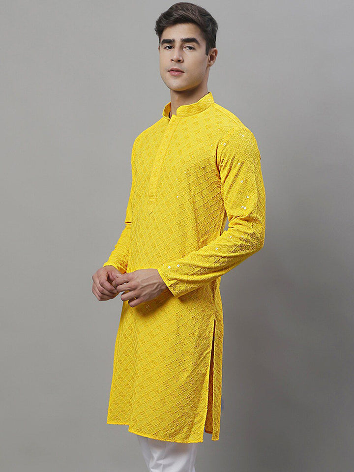 Jompers Mandarin Collar Ethnic Motifs Embroidered Chikankari Kurta