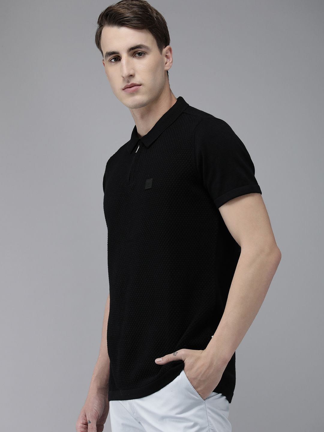 THE BEAR HOUSE Ardor Edition Men Black Self Design Cotton Polo Collar Slim Fit T-shirt