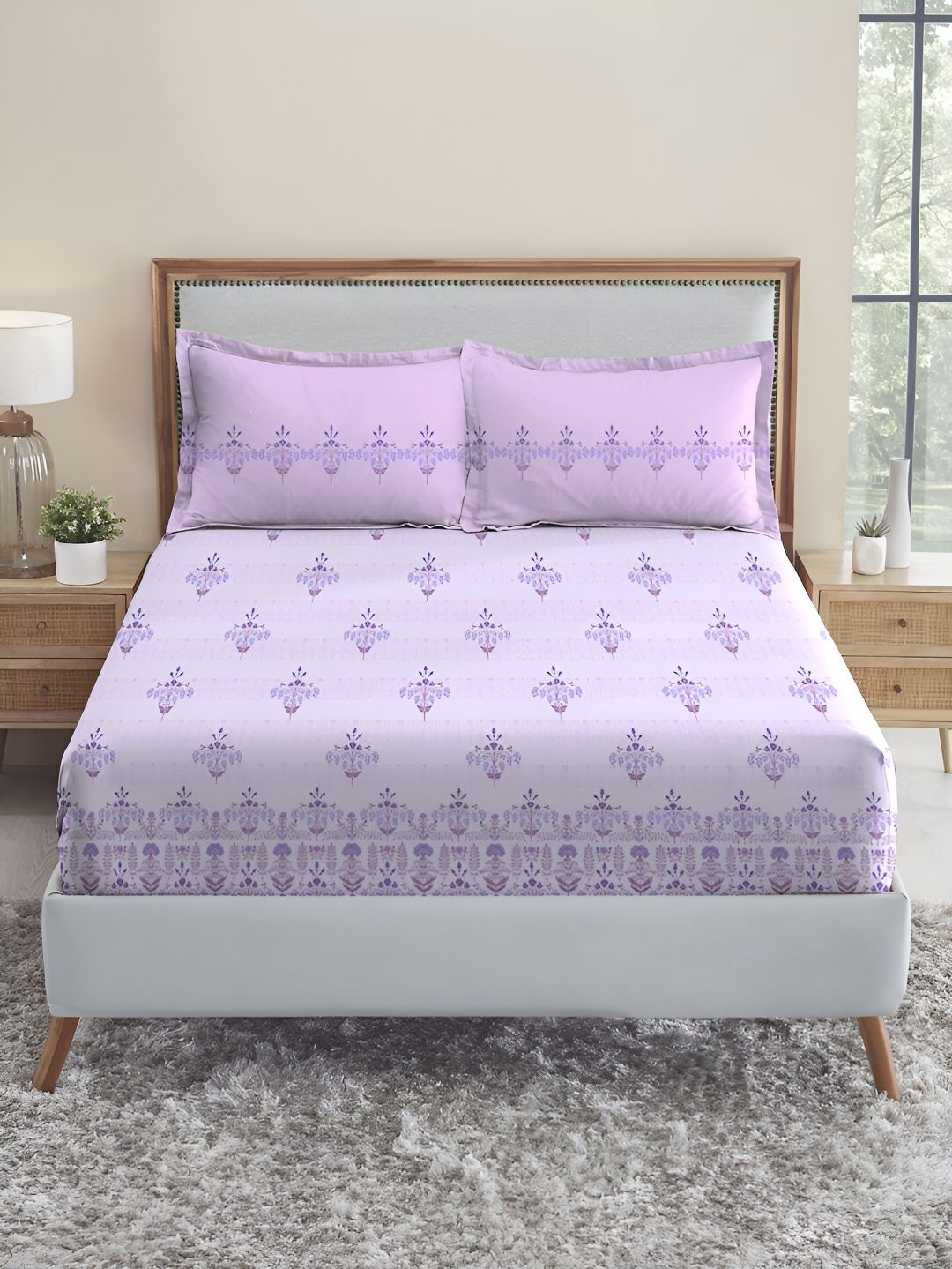 MYTRIDENT Lilac Affair Soft Comfort Flat 210TC King Pure Cotton Bedsheet Set