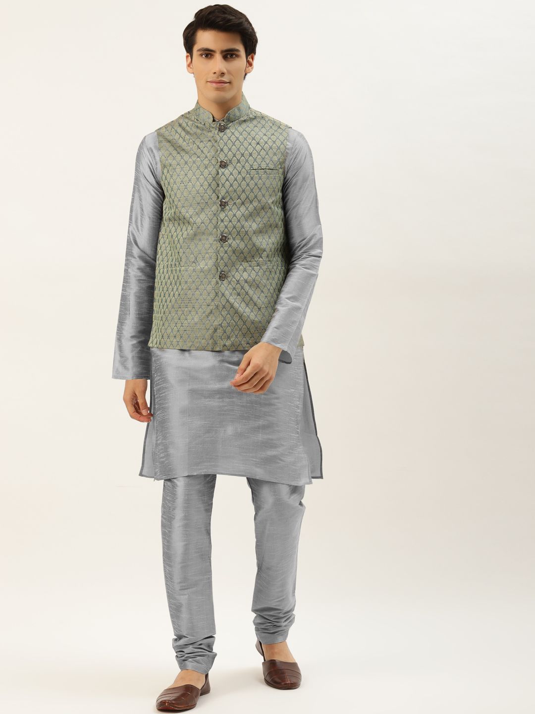 SOJANYA Kurta Kelabu Lelaki dengan Jaket Churidar & Nehru