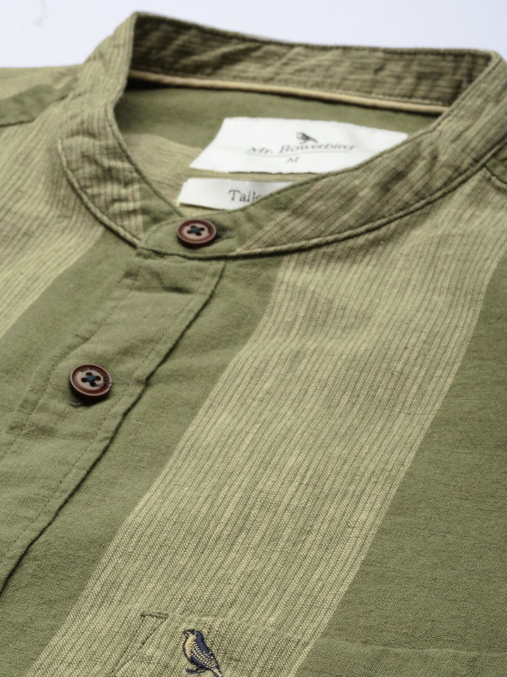 Mr Bowerbird Men Olive Green & Beige Tailored Fit Striped Cotton Linen Casual Shirt