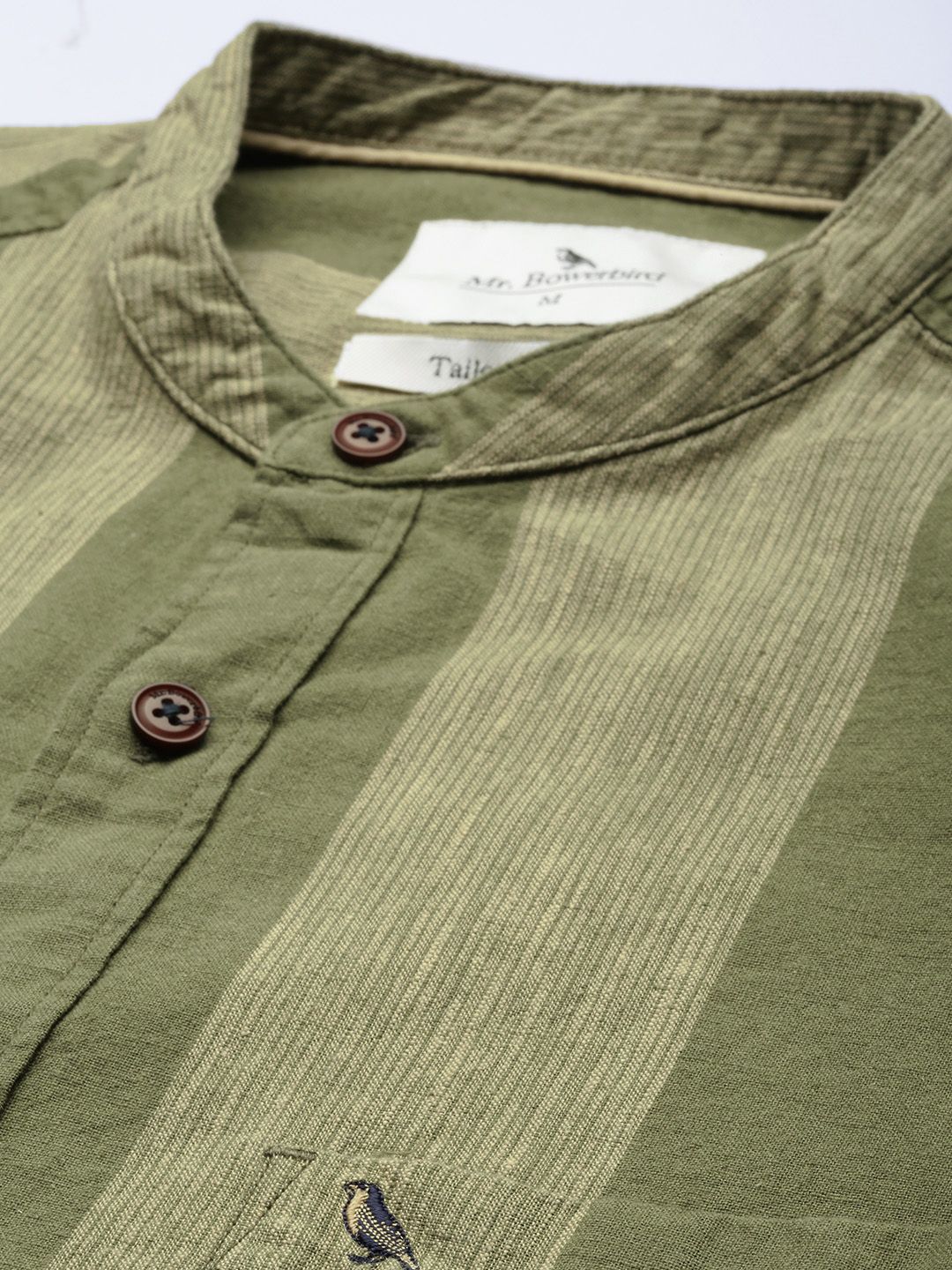 Mr Bowerbird Men Olive Green & Beige Tailored Fit Striped Cotton Linen Casual Shirt