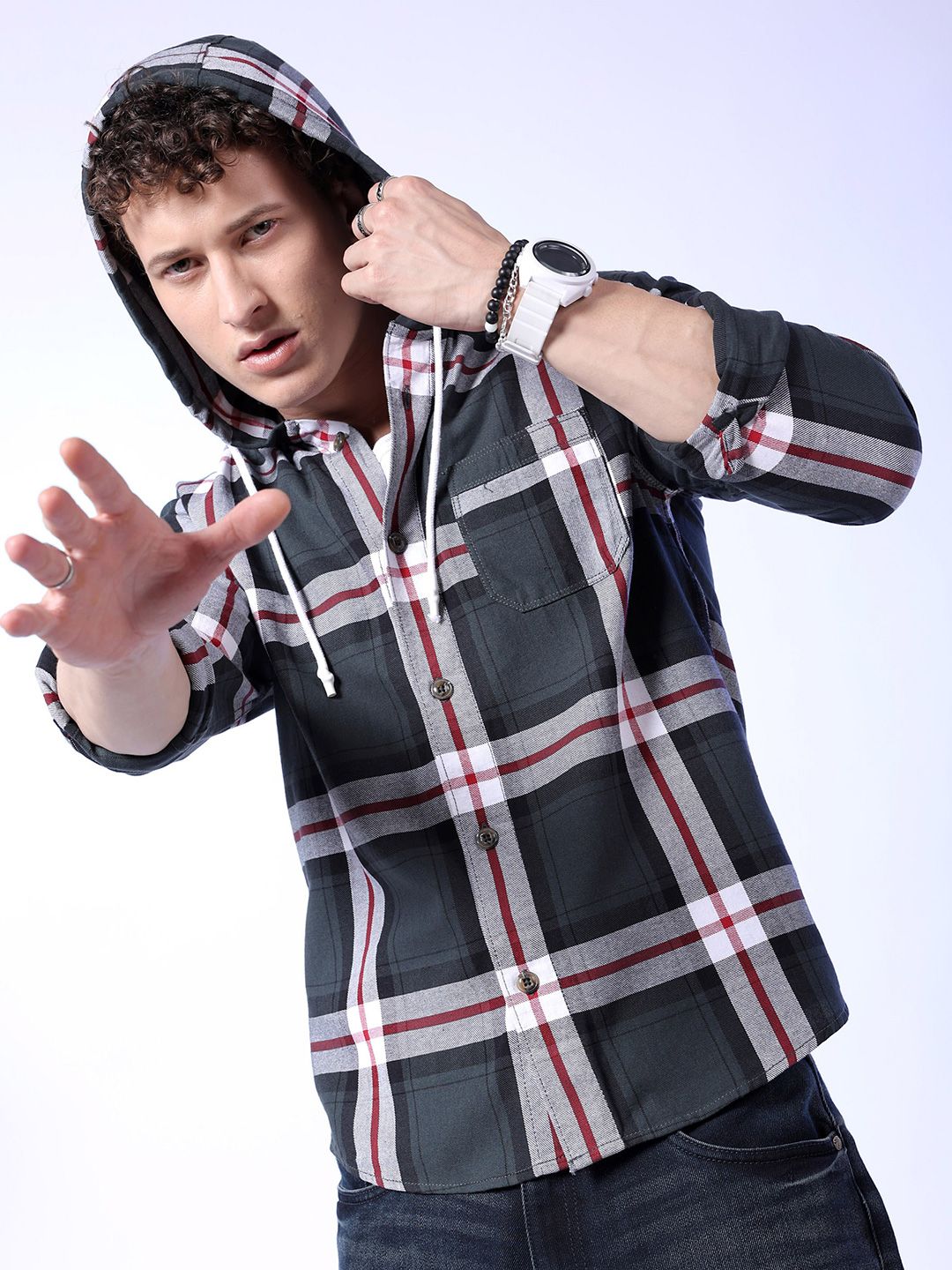 The Indian Garage Co Tartan Checked Hooded Long Sleeves Cotton Shacket