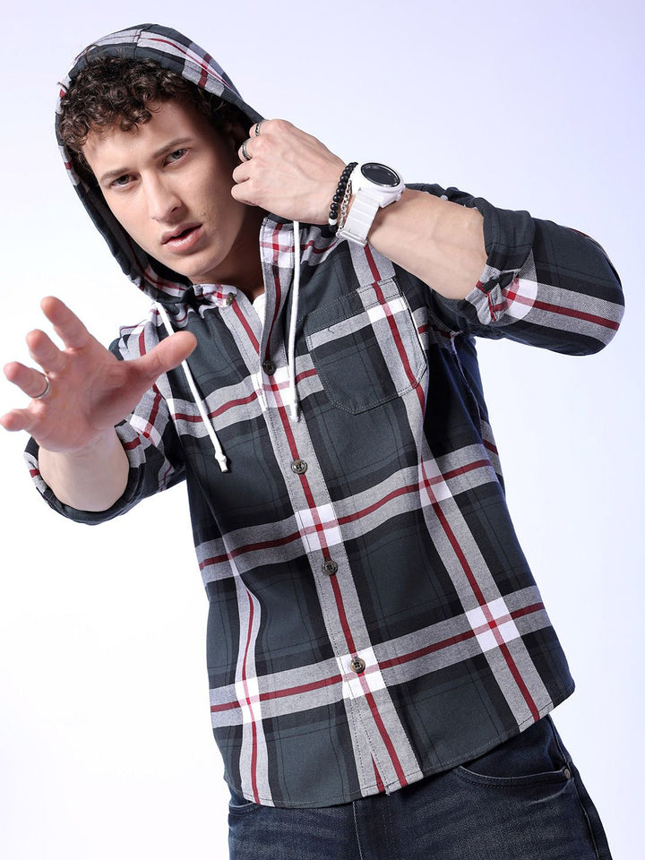 The Indian Garage Co Tartan Checked Hooded Long Sleeves Cotton Shacket