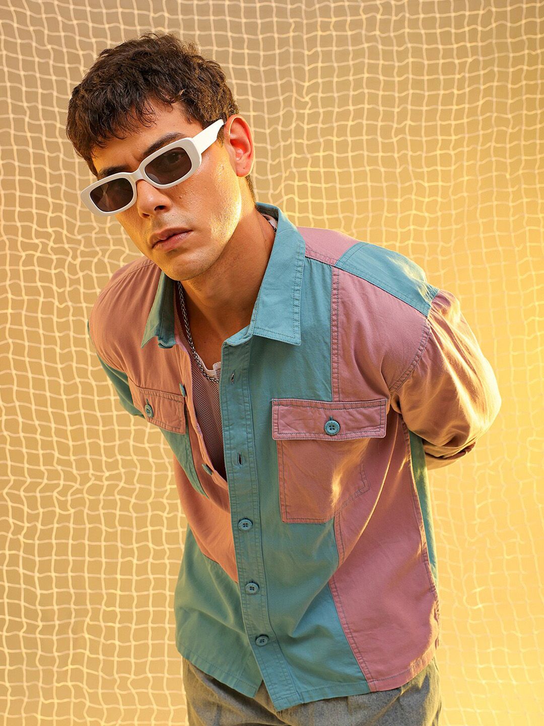 The Indian Garage Co Colourblocked Spread Collar Long Sleeves Cotton Casual Shirt