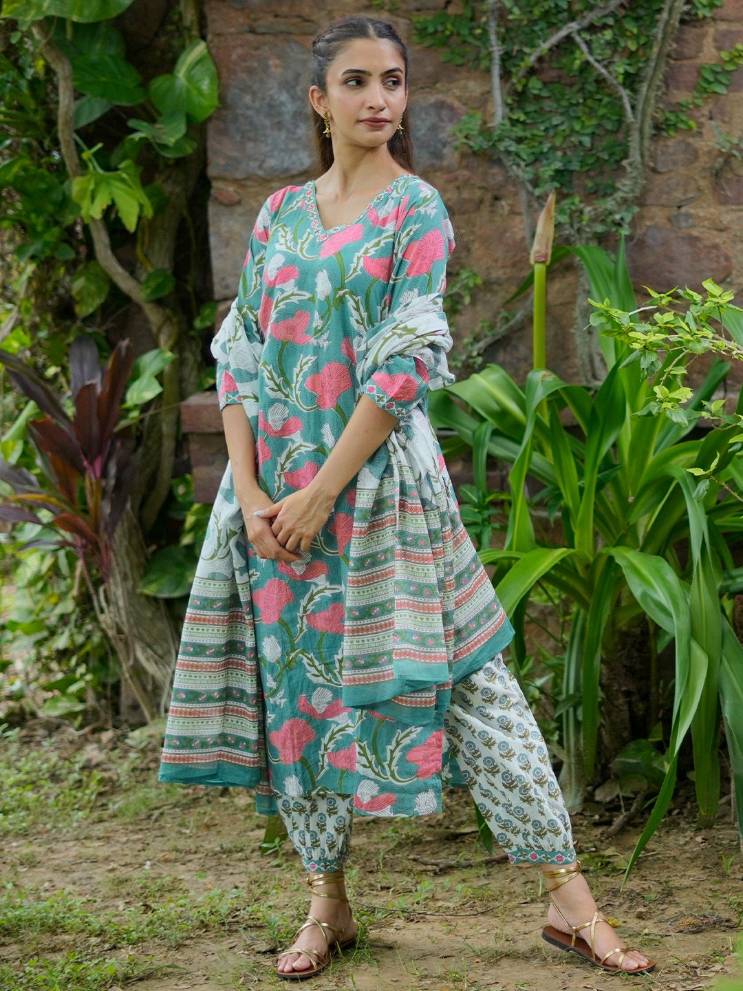 Libas Floral Printed Regular Beads and Stones Pure Cotton Kurta with Salwar & Dupatta