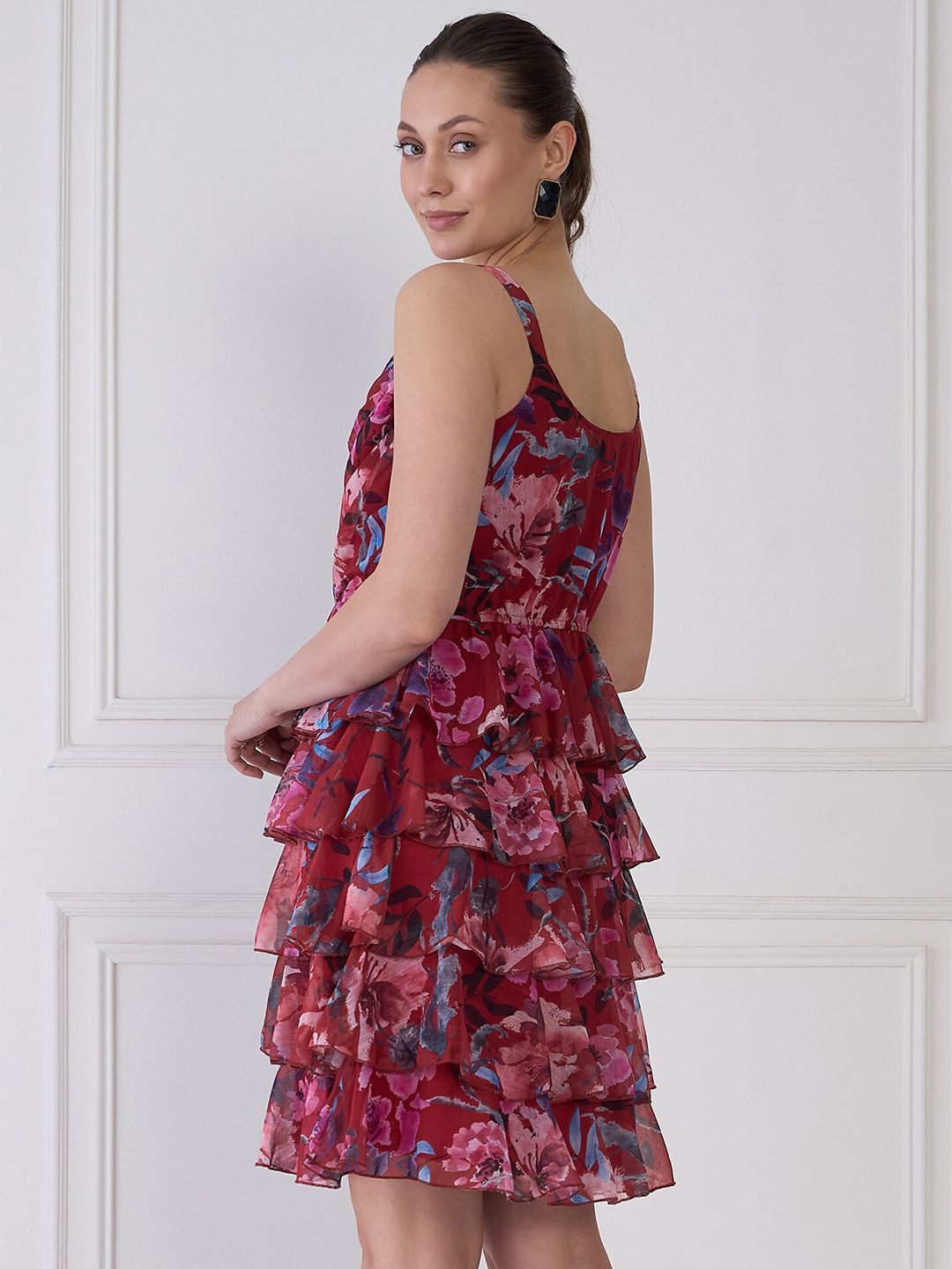 Antheaa Red Floral Print Round Neck Layered Fit & Flare Dress