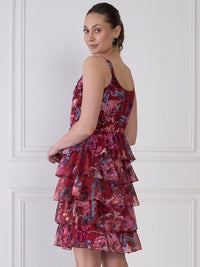 Antheaa Red Floral Print Round Neck Layered Fit & Flare Dress
