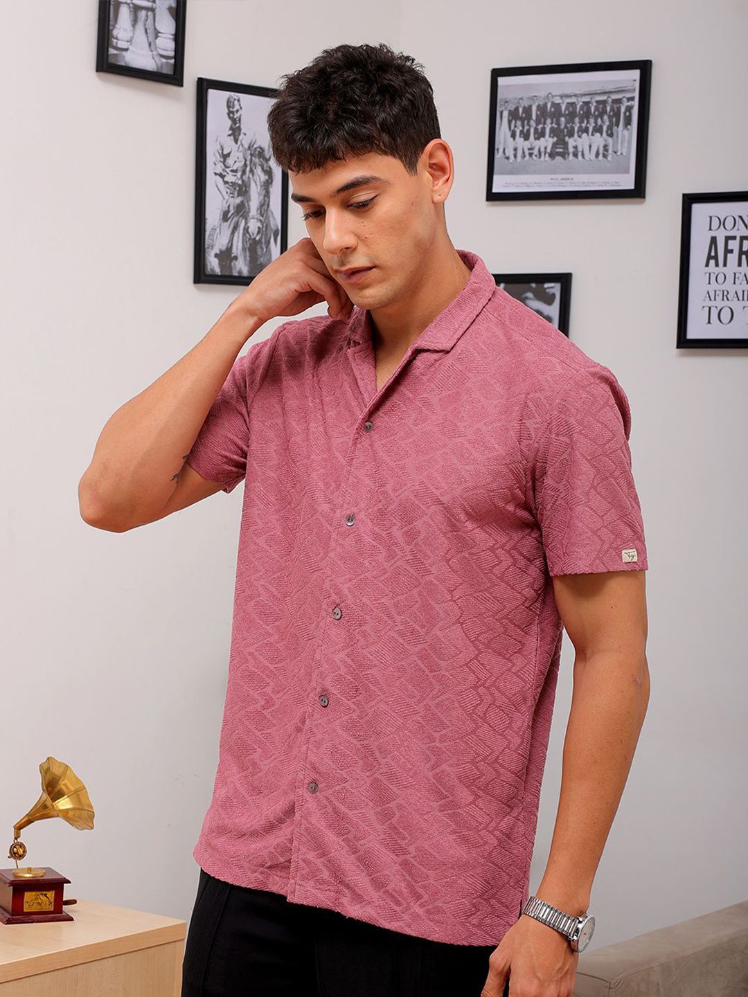 The Indian Garage Co Men Slim Fit Textured Terry Knit Resortwear Shirt