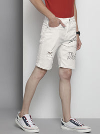 The Indian Garage Co Men Off White Typography Printed Denim Shorts