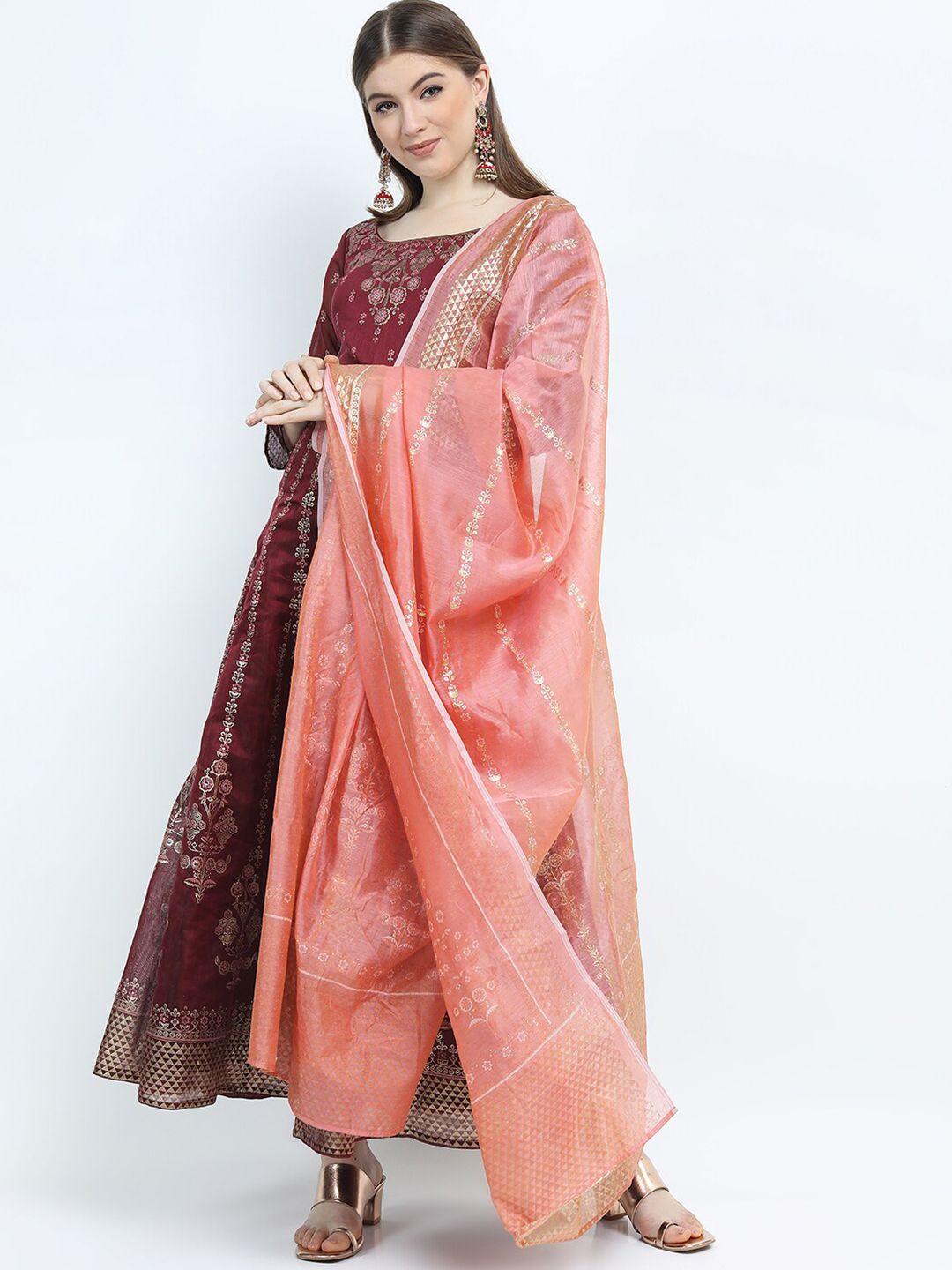 Vishudh Maroon Ethnic Motifs Ethnic Maxi Dress with Dupatta