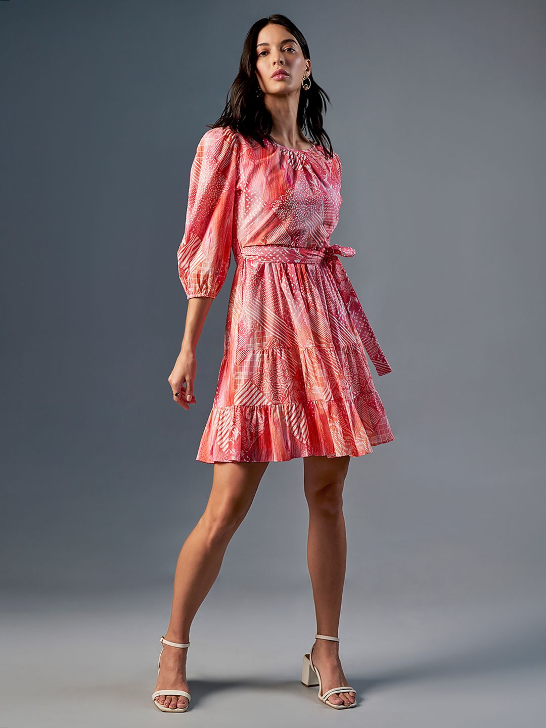 AND Floral Printed Round Neck Puff Sleeve Fit & Flare Dress