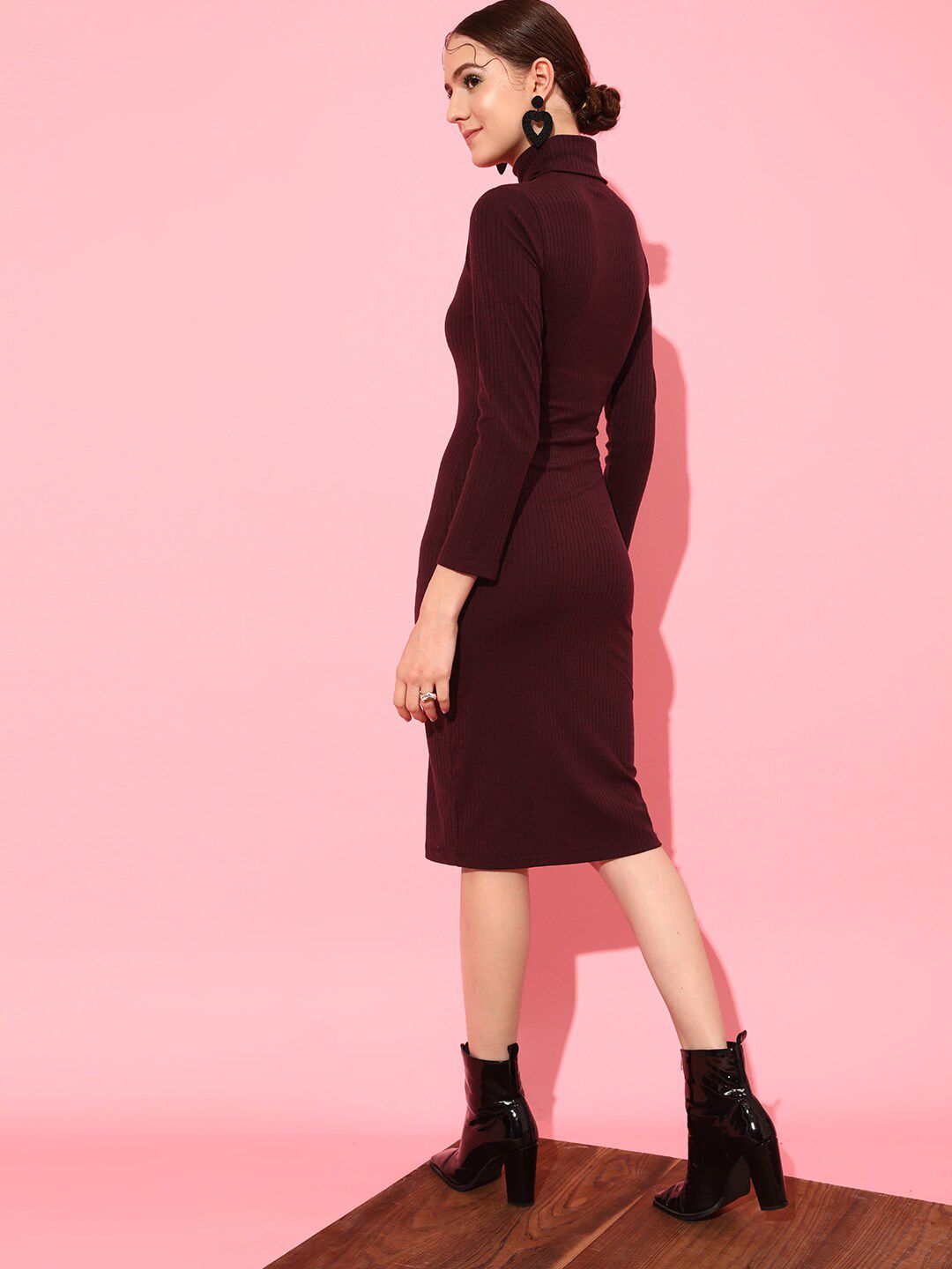 STREET 9 Front Slit Knee Length High Neck Acrylic Jumper Dress
