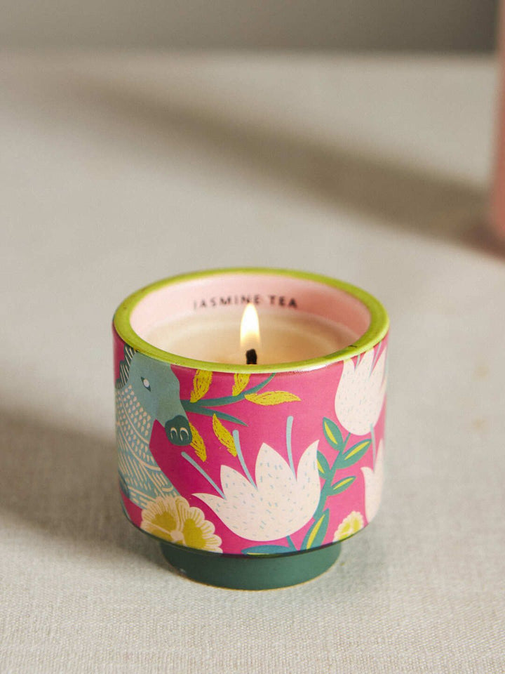 Chumbak Blue & Pink Small Ceramic White Lily Scented Jar Candle