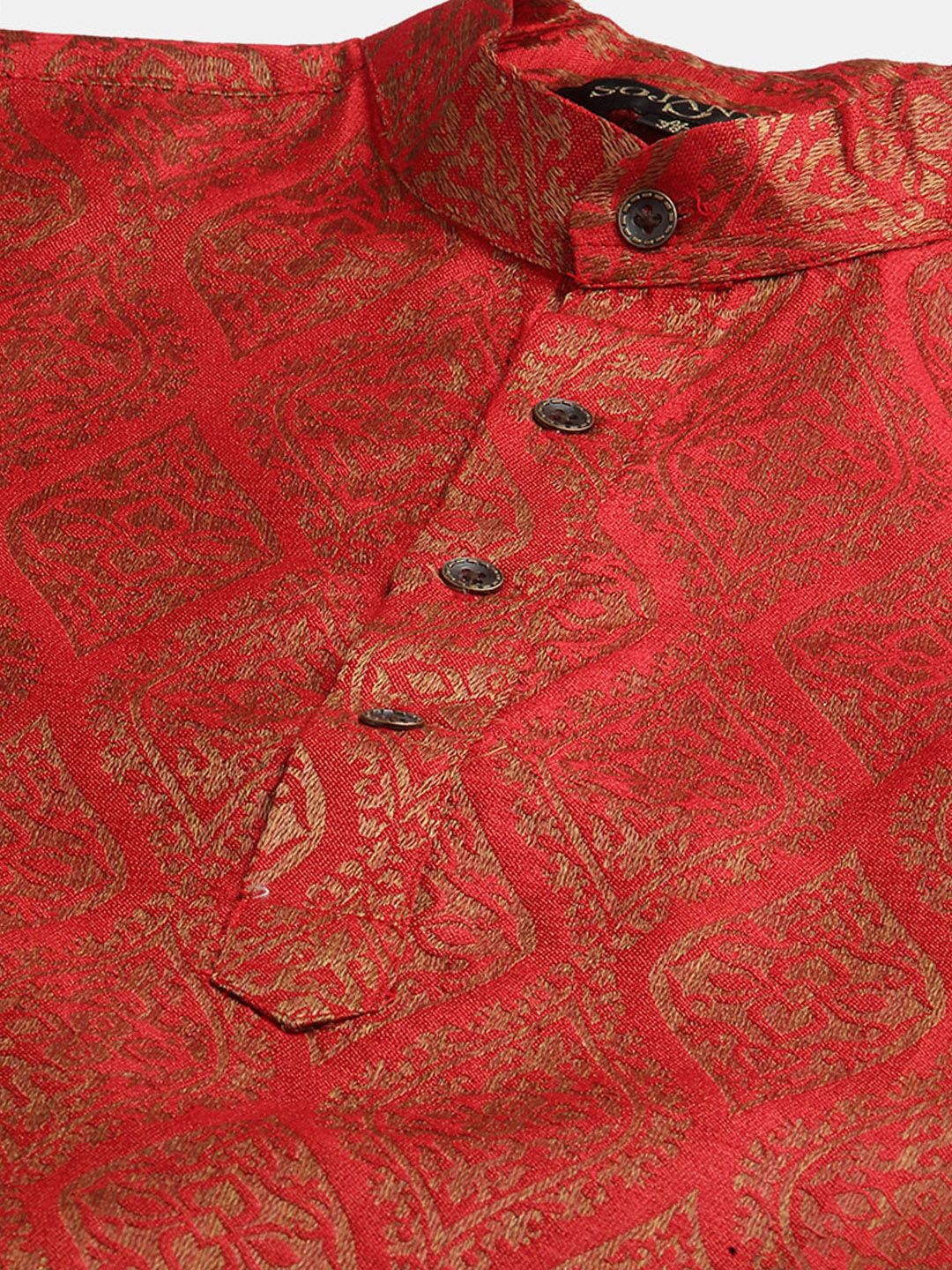 SOJANYA Lelaki Motif Etnik Merah Kurta Sutera Jacquard dengan Jaket Churidar & Nehru