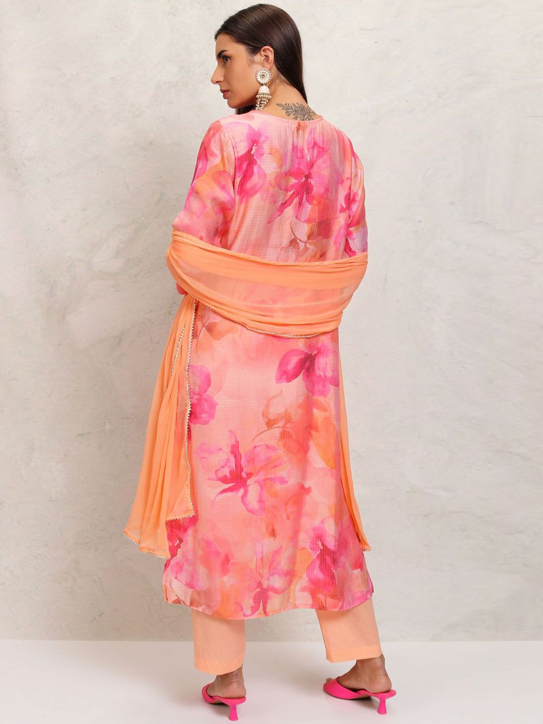 Vishudh Orange Printed Tie-Up Neck Pure Cotton Straight Kurta With Trousers & Dupatta