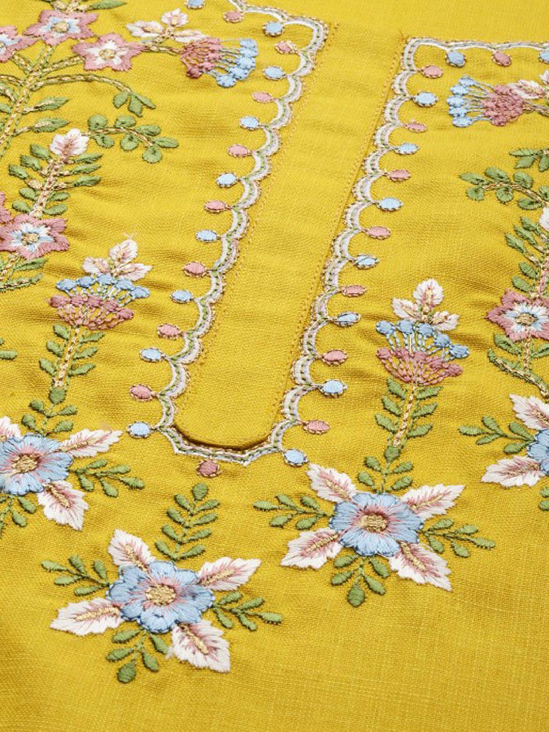 Varanga Mustard Green Floral Yoke Design Thread Work Round Neck Cotton Straight Kurta