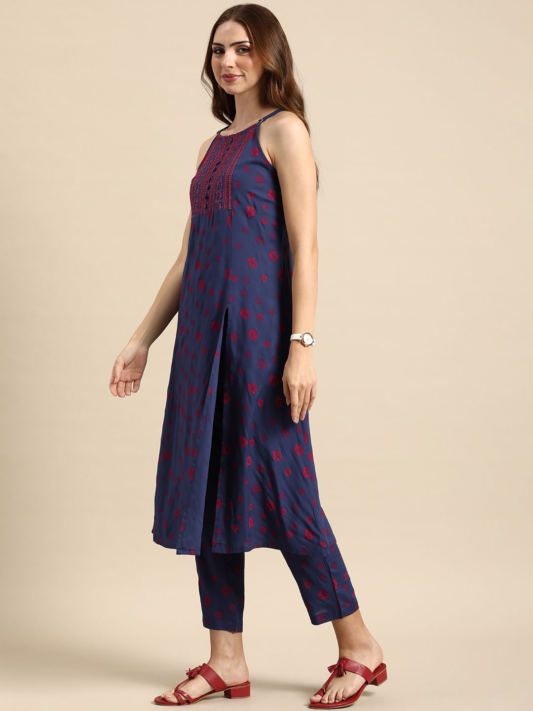 Anouk Women Floral Printed High Slit Kurta with Trousers & Dupatta Set