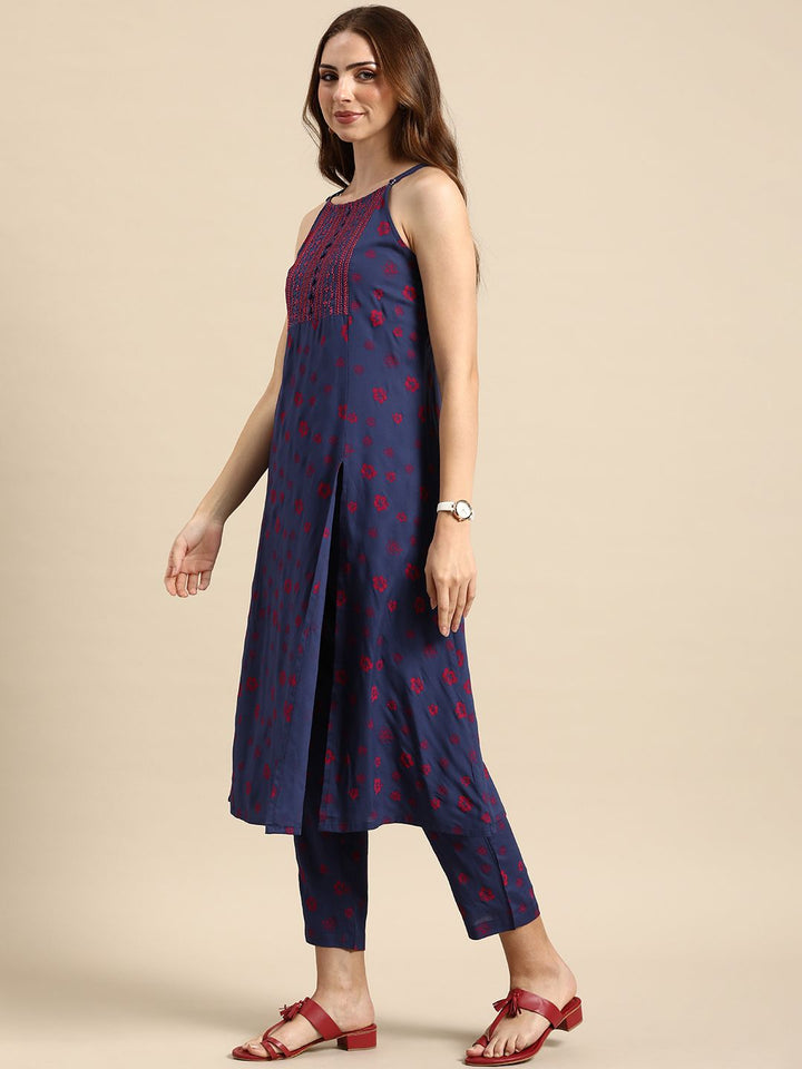 Anouk Women Floral Printed High Slit Kurta with Trousers & Dupatta Set