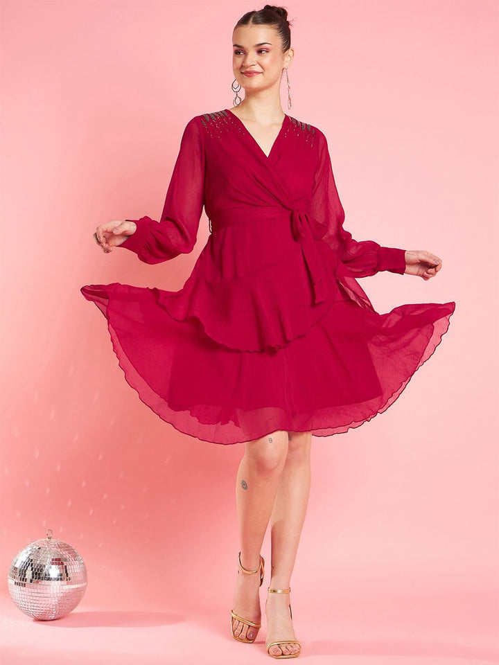 Antheaa Embellished Bell Sleeve Layered Chiffon Fit & Flare Party Dress